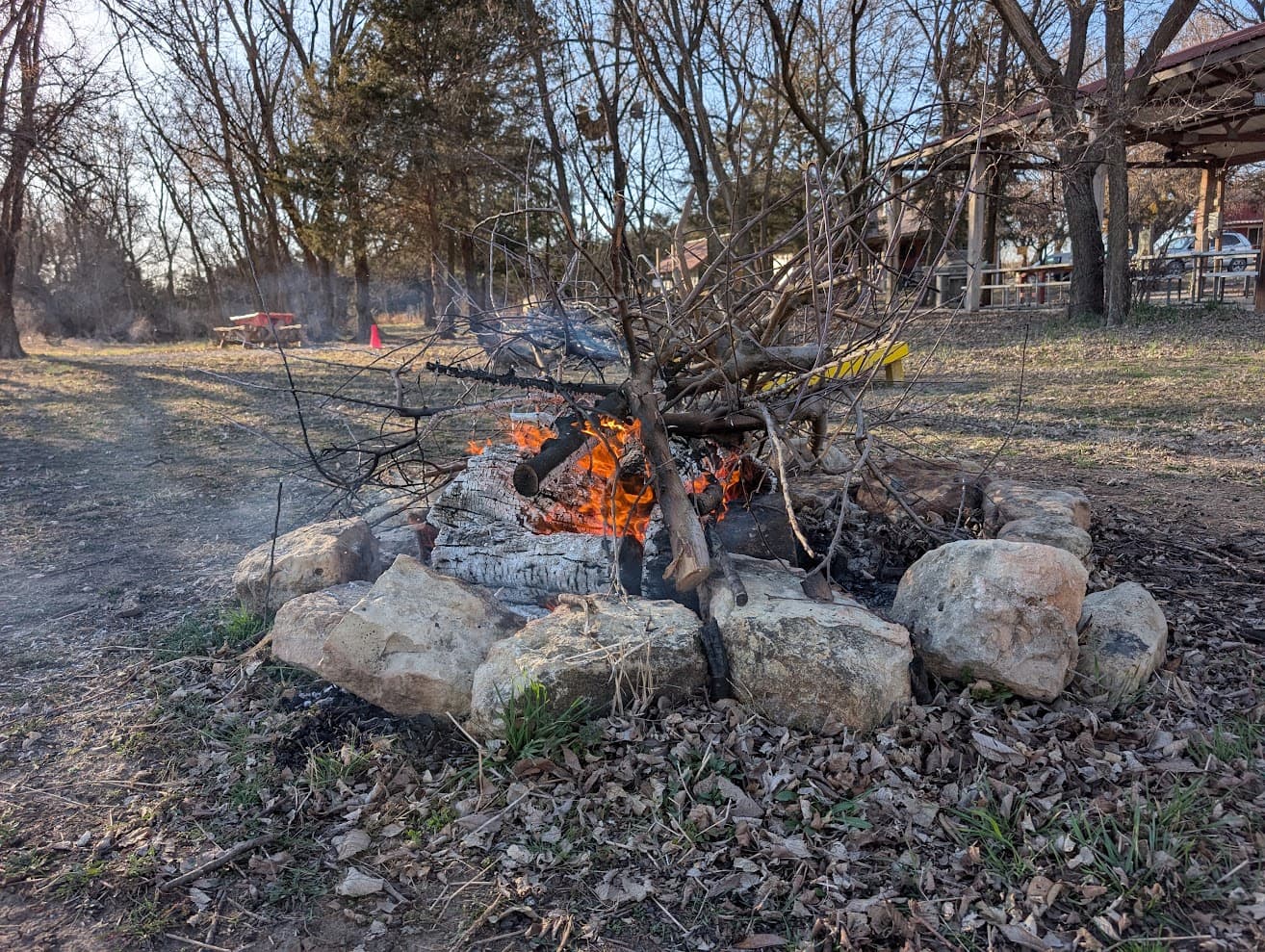 A bonfire at Meadowlark Farm on a winter evening