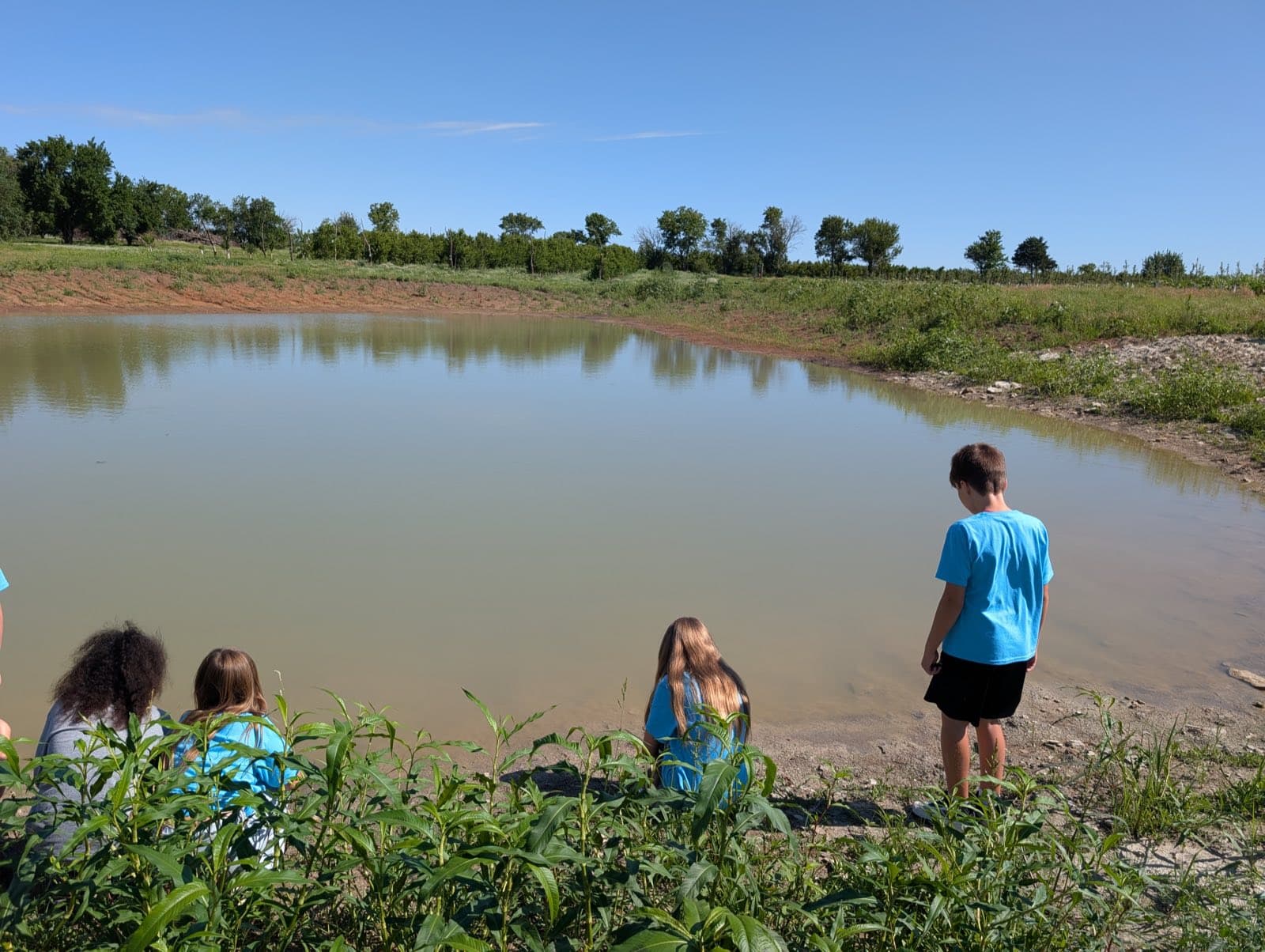Students gathered at the pond edge during a farm field trip